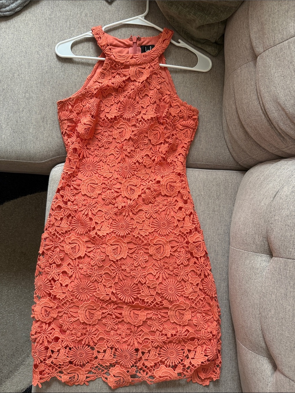 Lulu's Coral Lace Halter Mini Dress